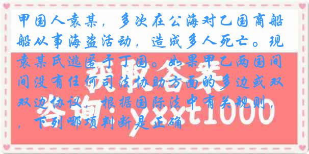 甲国人袁某，多次在公海对乙国商船从事海盗活动，造成多人死亡。现袁某氏逃匿于丁国。如果甲乙两国间没有任何司法协助方面的多边或双边协议，根据国际法中有关规则，下列哪项判断是正确