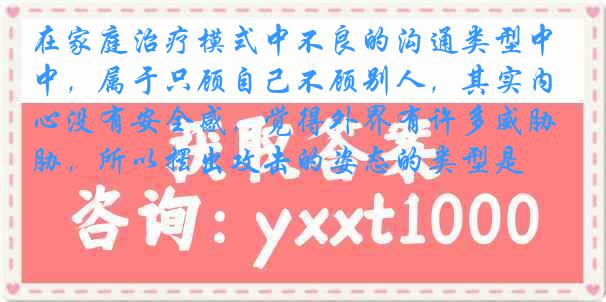 在家庭治疗模式中不良的沟通类型中，属于只顾自己不顾别人，其实内心没有安全感，觉得外界有许多威胁，所以摆出攻击的姿态的类型是