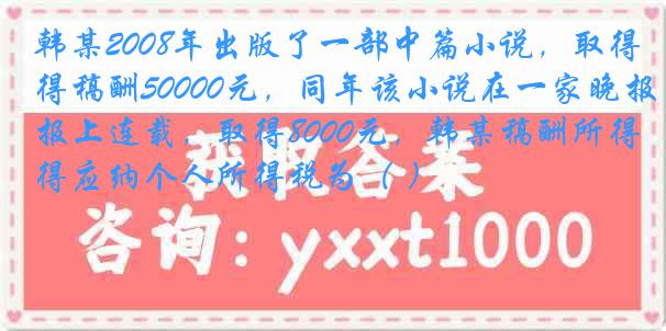 韩某2008年出版了一部中篇小说，取得稿酬50000元，同年该小说在一家晚报上连载，取得8000元，韩某稿酬所得应纳个人所得税为（ ）