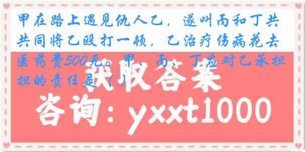 甲在路上遇见仇人乙，遂叫丙和丁共同将乙殴打一顿，乙治疗伤病花去医药费500元。甲、丙、丁应对乙承担的责任是（ ）