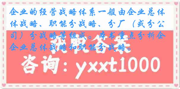 企业的经营战略体系一般由企业总体战略、职能分战略、分厂（或分公司）分战略等组成。本书重点分析企业总体战略和职能分战略。