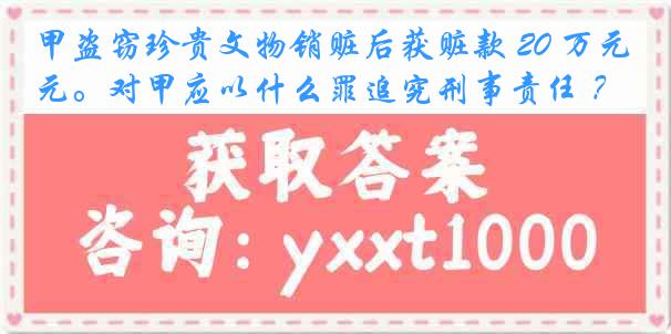 甲盗窃珍贵文物销赃后获赃款 20 万元。对甲应以什么罪追究刑事责任 ？