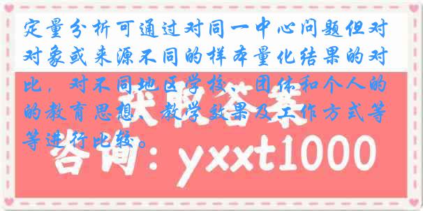 定量分析可通过对同一中心问题但对象或来源不同的样本量化结果的对比，对不同地区学校、团体和个人的教育思想、教学效果及工作方式等进行比较。