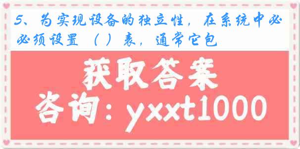 5、为实现设备的独立性，在系统中必须设置 （ ）表，通常它包