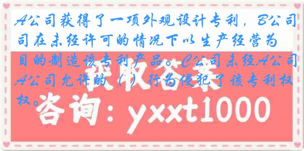 A公司获得了一项外观设计专利，B公司在未经许可的情况下以生产经营为目的制造该专利产品。C公司未经A公司允许的（ ）行为侵犯了该专利权。